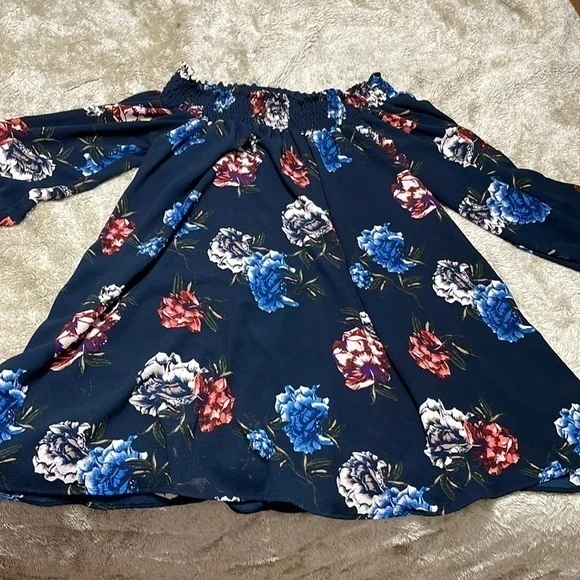 Rokoko by Dazz Navy Floral Smocked Off Shoulder Long Sleeve Mini Dress M - Picture 3 of 6